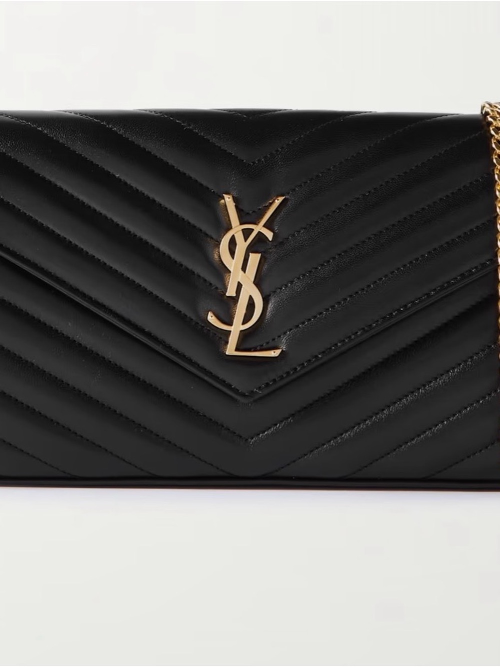 Saint Laurent Black Quilted Leather YSL Chain Clutch with Gold Hardware